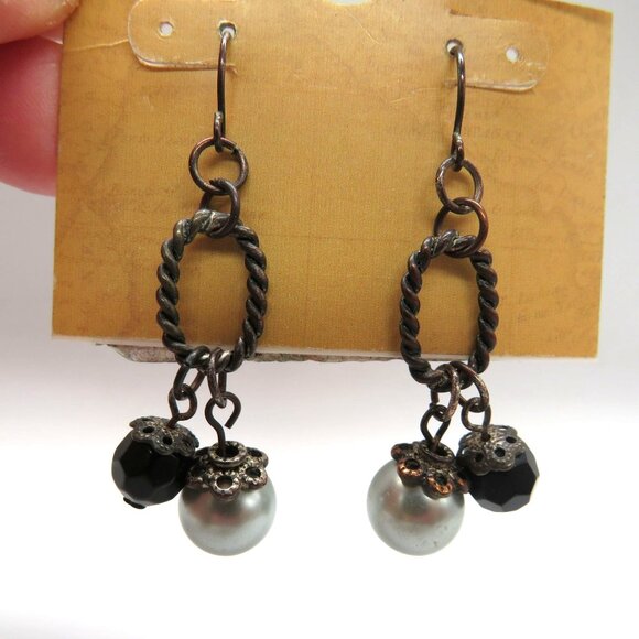 Patricia Nash Earrings Genuine Stone Dangle Earrings Chain Pearl Accents New - Picture 3 of 8